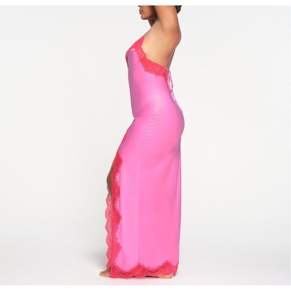 NWT SKIMS Woven Shine Stretch Satin Lace Long Dress in Neon Orchid Size XXS - Picture 3 of 5